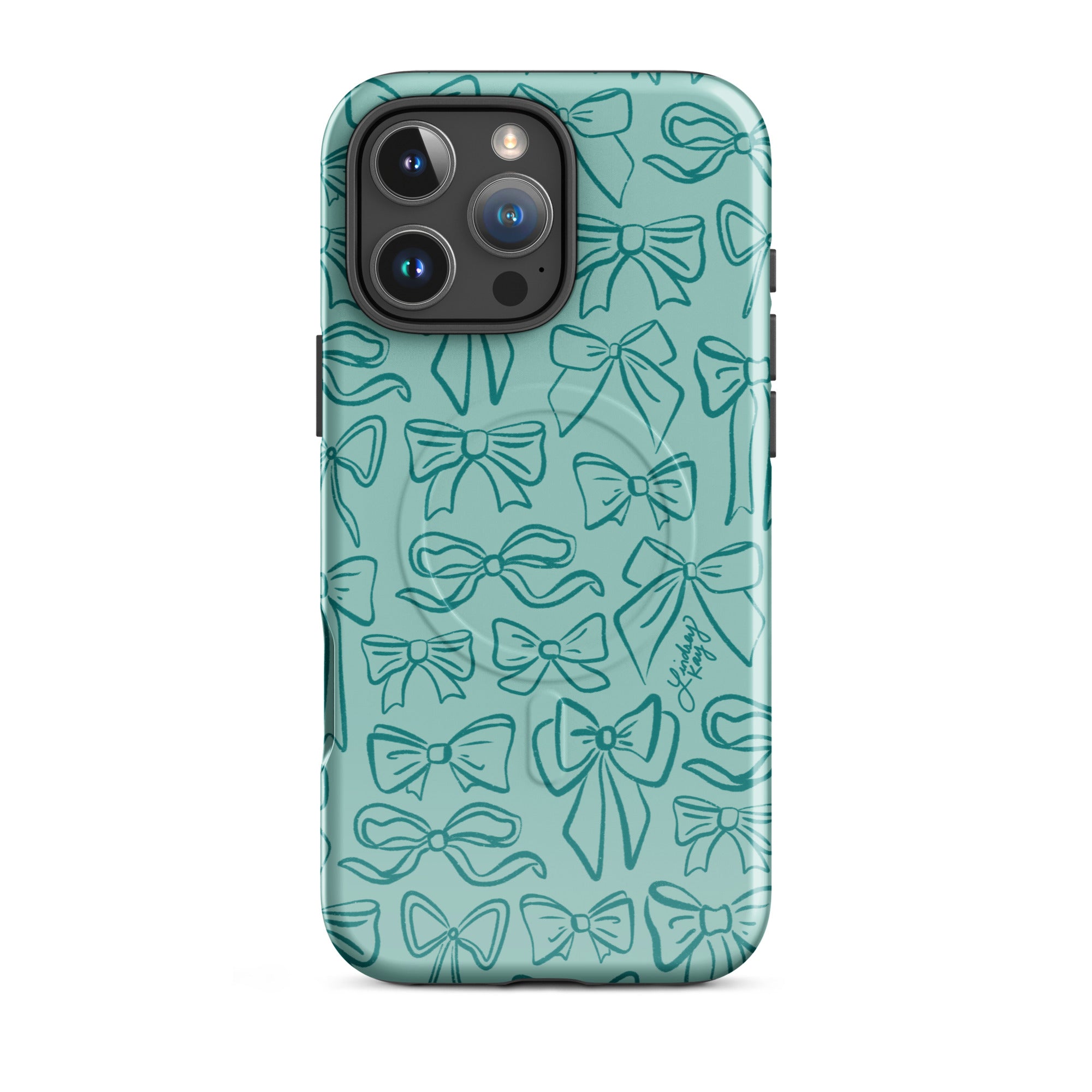 green blue ribbon pattern bow illustration pattern iPhone MagSafe case phone cover durable Lindsey Kay collective iPhone 16 Pro Max preppy coquette sorority cute trendy girly  iPhone 14 iPhone 15